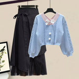 Women Winter Patchwork Long Sleeve Knitted Tops + Asymmetric Skirt 2 Piece Suit Female Party Elegant Two Piece Set 211-1-Outfit