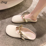 Women's Shoes 2023 Women's Slippers New Slippers Solid Color Metal Decorative Bottom Heel Square Heel Ladies
