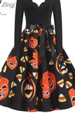 Women Halloween Christmas Party Dress Long Sleeve V Neck Pumpkin Print Vintage Casual A-line Dresses Vestidos