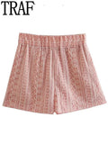 Pink Shorts Set Woman 2 Pieces Summer Embroidery High Waist Bermuda Shorts And Top Set Vacation Outfits For Women 2025 211-1-Outfit