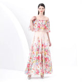Spring New Holiday Style Printed Lotus Leaf Dress Women's Shoulder To Show Thin Spuny Chiffon
