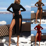 Spot 2025 Autumn Solid Color Sexy Slim Double Slit Half High Collar Long Sleeve Pit