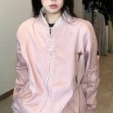 Zingj Vintage Multi-Zipper Work Jacket Female Popular Logo Loose Harajuku Style Baseball Uniform Versatile