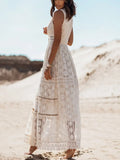 Dress Women Summer Sleeveless Dress Female Solid Lace V Neck Sundress Ladies Hollow Out Beach Dress Vestidos De
