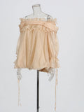Temperament Sexy Breeze Net Yarn Shirt 2025 Summer New Lotus Leaf Side Spliced Shoulder Sexy Long-Sleeved