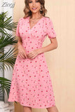 Women Floral Print Midi Dress Summer Chiffon Elegant V-neck Slim A Line Dress Short Sleeve Ladies Holiday Beach