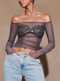 Women's Clothing Burst Perspective Umbilly Short Top Sexy Long-Sleeved Squint Solid Color
