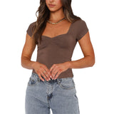 Summer New French Retro Wide Shoulder Banded Chest Folds Short-Sleeved Women Wear Ins Tide