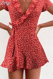 2023 Women Dress Boho Floral Ruffle Short Mini Dress Summer Knot Sexy V-Neck Party Holiday Dress Femme vestido de