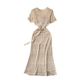 Zingj Summer Wear New Retro Hollow Out Light Ripe Super Fairy Short Sleeve Dress Female Sen Department Fishtail Package Hip Long Skirt