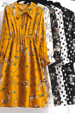 Women Casual Spring Autumn Dress Korean Style Vintage Floral Printed Shirt Dress Long Sleeve Elegant Bow Midi Summer