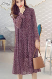 Women Dress 2023 Spring Autumn Floral Print Empire Midi Pleated Chiffon Dresses Flare Sleeve Stand Collar Vestidos 8634