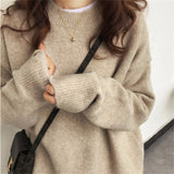 Zingj Women's Autumn Winter New Style With Lazy Wind Pure Color Sweater Loose Round Collar Thick Mixed Color Top Female-Outfit