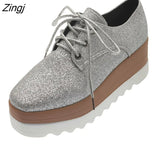 Women Shoes Patent Leather Lace Up Thick Heel Increased Flat Platform Oxford Shoes Woman Loafers Solid Casual Shoes Plus