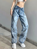 Streetwear Grunge Letter Patched Distressed Women Jeans Straight Casual Y2K Design Denim Trousers Korean Style