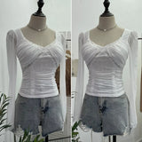 Wind Belt Chest Mat Lace Splicing Mesh Yarn Long-Sleeved T-Shirt Short Slim Top