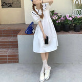 Women Summer Sweet Vintage Japanese Style Peter Pan Collar Vestidos College Student All-match A-line Fashion Casual