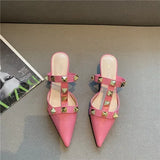 New Rivet Pointed Thin Heel Baotou Half Slipper Female Middle Heel Shallow Mouth Lazy Mueller