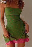 Women Spaghetti Straps Mini Dress Dots Print Contrast Color Slim Fit Summer Short Dress for Club Party Streetwear