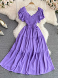 Women Vintage Draped Midi Dress Elegant Purple/Yellow/Red V-Neck Short Sleeve High Waist A-Line Big Swing Vestidos