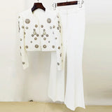 New Fashion Round Neck Heavy Industry Nail Beads Short Jacket Open Fork Horn Trousers