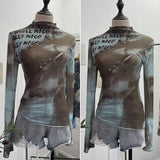 Pure Want To Play The Bottom Of The Long-Sleeved T-Shirt Design Hollow Print Irregular Mesh Yarn Personality Hottie Top