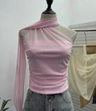Shooting Mesh Ribbon Hanging Neck Folded Sleeveless Top Babes Two-Wearing Design Wrapping Bras