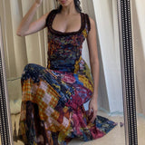Zingj Ins Women's Summer 2023 New Fashion Vintage Tie-Dye Print Sexy U-Neck Slim Dress Long