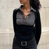 Zingj Women's Wear Fall 2023 New Polo Collar Temperament Stripe Contrast Color Slim All-Match Long-Sleeved Top