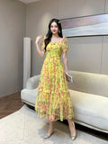 Gentle Wind And Rags Retro Tea Chiffon Dress Female Waist Temperament Shoulder Bubble Sleeve Mesh