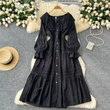Retro Design Collar Lotus Side Splicing Single Buckle Horn Lace Lace Waist Dress