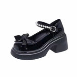 Jane Small Leather Shoes Women Thick Soles Raised Sweet Bows Shallow Single Shoes Buckle English Style Women's