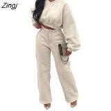 Women Tracksuit Two Piece Set Shirt + Long Pants Solid Color Pulf Sleeve Streetwear Clothes For Women