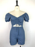 Summer Sexy Off Shoulder Short Sleeve Drawstring Stretch Denim Shorts Jumpsuit V-neck Pleated Hollow Jeans