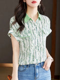 Fashion Women Shirts V-Neck Print Vintage Top Button Up Shirt Short Casual Shirts Summer 2023 Ladies Tops OL Womens