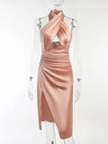 Satin Elegant Party Midi Dress Hollow Out Backless Bodycon Folds High Split Bandage Sleeveless Sexy Sparkly Dress