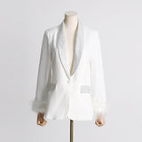Zingj New Temperament Top Collar With Diamond Design Sense Cuff Stitching Ostrich Hair Long Sleeve Suit Spring