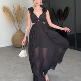 Zingj Summer New Fashion Rural Print Open Back Sexy Sling Big Place Skirt-Outfit