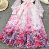 French Retro Collar Long Sleeves Chopped Flower And Chiffon Dress Women's Spring And Autumn New Lace-Up Long