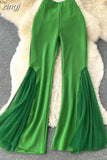 Green/Black/White/Rose Red Mesh Patchwork Flare Pants For Women Elegant High Waist Wide Leg Hip Hop Dancing Trousers