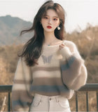 Fashion Style Sweater Korean Soft-Creative Languid Lazy Super-Good-Looking White Striped Print
