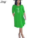 Faith Letter Print Dresses For Women Pocket O-neck Three Quarter Sleeve Dress 2023 Female Summer Autumn