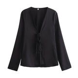 2025 New Women's Loose Bow Trim Silk Satin Texture Shirt Women