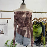 Dyed Printed Shoulder T-Shirt Design Sense Irregular Open Fork Thin Mesh Long Sleeve Top