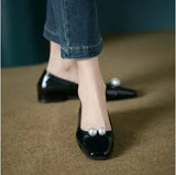Pearl Flats For Women's Spring / Summer 2025 Soft Leather Patchwork Color With Skirt Square Head Light Mouth Single Shoes Red Single