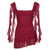 Lotus Leaf Tie With Red Dress Summer Thin Mesh Style Tens Of Thousands Of Folded Belt Hanging