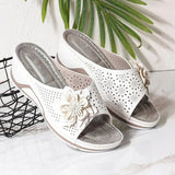 Slopes And Slippers Wearing Women's Summer Leisure Round Head Hollow Pure Color Flowers Decorated Lazy