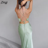 Women Summer Tie-up Sleeveless Backless Dress Fashion Solid Color Satin Cross Strap Long Dress