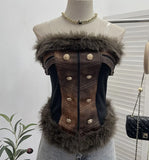 Leather Bra Waist Waist Coat Hair Spliced Pu Leather Slings To Collect Waist Thin Short Sleeveless Top