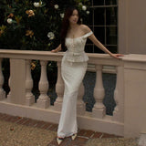 Zingj Summer New Ins Temperament Square Collar Lace Lace Jacket High Waist Slim Show Thin Fish Tail Dress Suit